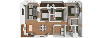 A 3D floor plan of a house with a kitchen, living room, and bathrooms.