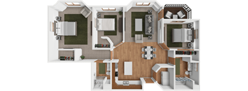 A 3D floor plan of a house layout.