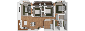 A 3D floor plan of a house layout.