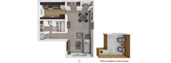 A top-down view of a living room with a couch, coffee table, and a note that patio is available in select homes.