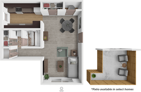 A top-down view of a living room with a couch, coffee table, and a note that patio is available in select homes.