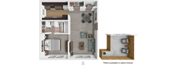 A 3D floor plan of a home with a kitchen, living room, and bathroom.