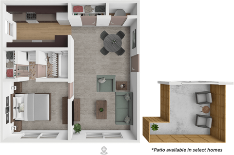 A 3D floor plan of a home with a kitchen, living room, and bathroom.