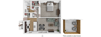 A floor plan of a home with a kitchen, living room, and bathroom.