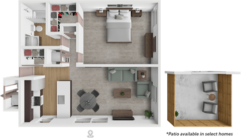 A floor plan of a home with a kitchen, living room, and bathroom.