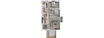 A top-down view of a house interior with a kitchen, living room, and bathroom.