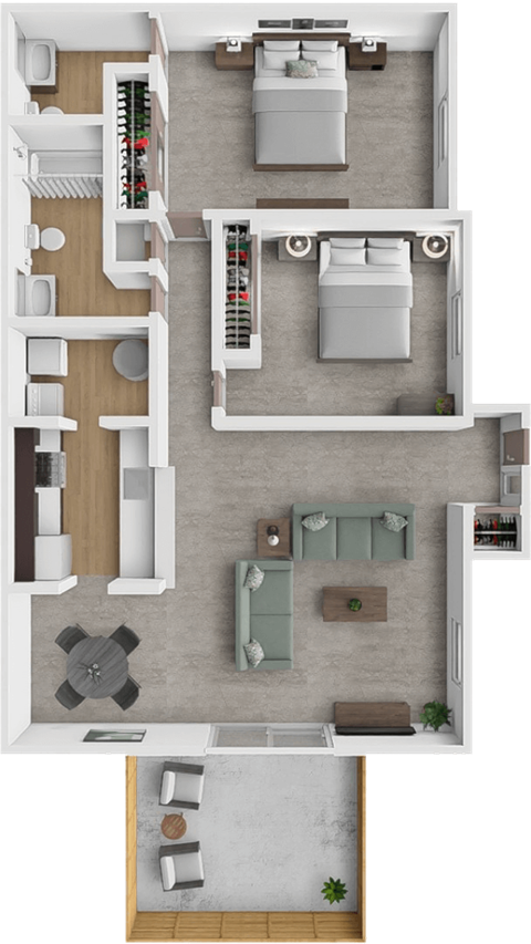 A top-down view of a house interior with a kitchen, living room, and bathroom.
