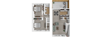 A 3D floor plan of a house with two different layouts.