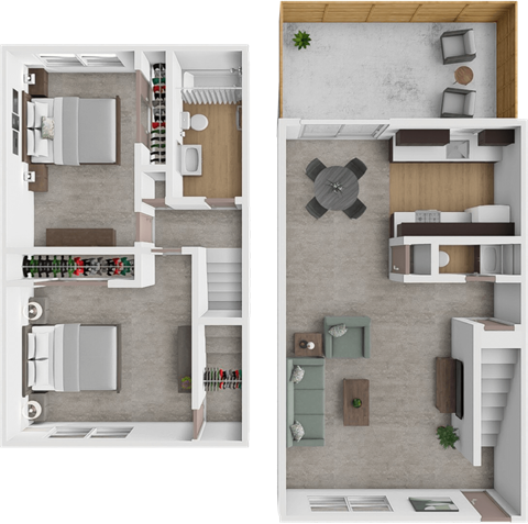A 3D floor plan of a house with two different layouts.