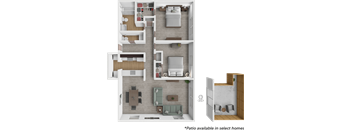 A 3D floor plan of a home layout with a kitchen, living room, and bedrooms.