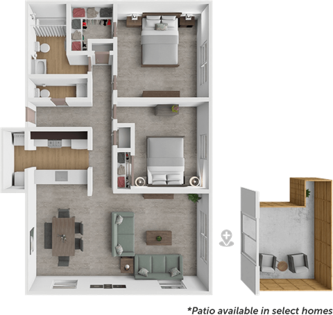 A 3D floor plan of a home layout with a kitchen, living room, and bedrooms.