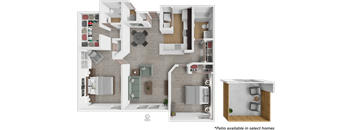 A floor plan of a home with a kitchen, living room, and bathroom.