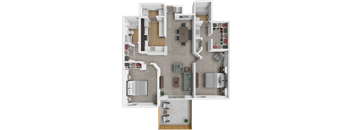 A top-down view of a house floor plan with a kitchen, living room, bedrooms, and bathrooms.