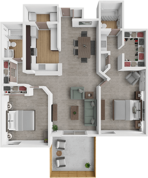 A top-down view of a house floor plan with a kitchen, living room, bedrooms, and bathrooms.