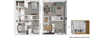 A diagram shows the layout of a kitchen, a living room, and a patio.