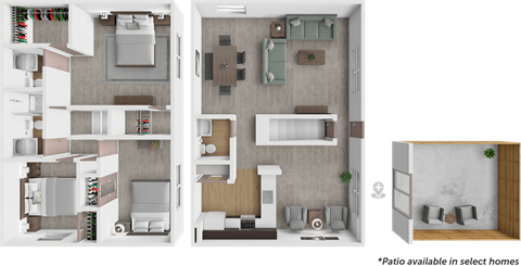 A diagram shows the layout of a kitchen, a living room, and a patio.