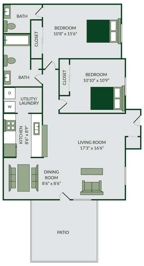 2 bed 1.5 bath floor plan