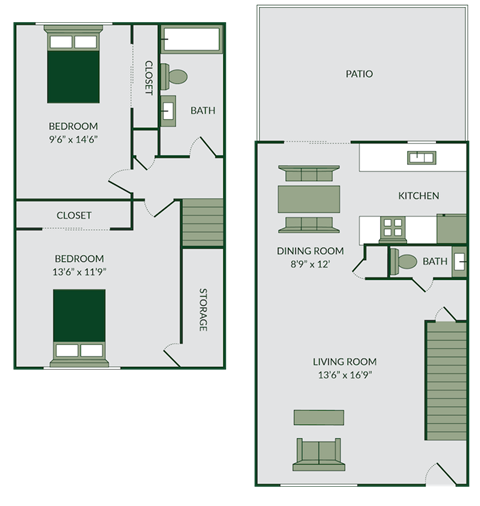 2 bed 1.5 bath floor plan