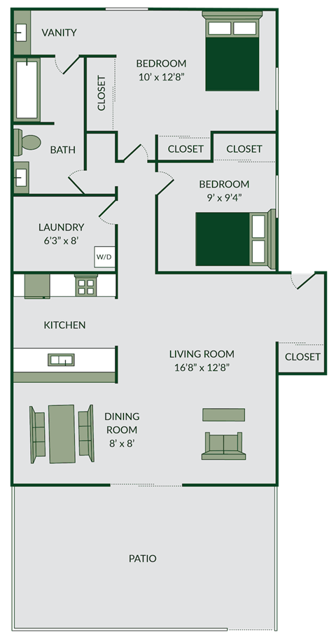 2 bed 1 bath floor plan
