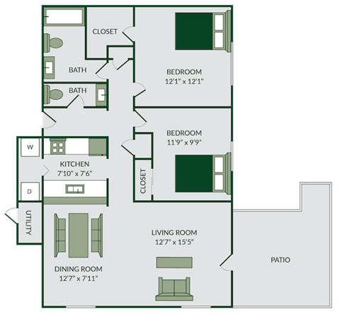 2 bed 1.5 bath floor plan