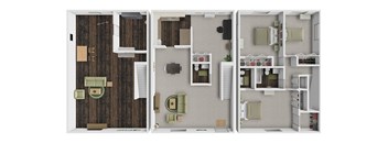 A 3D floor plan of a house showing a living room, kitchen, and bedrooms.