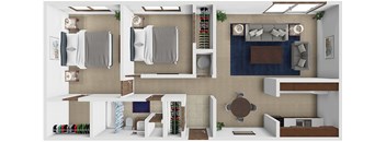 A top-down view of a small apartment with a kitchen, living room, and bedroom.