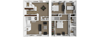 A split image of a room with a kitchen on the left and a bedroom on the right.