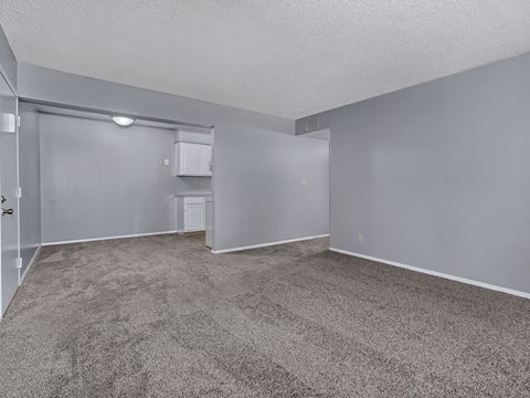 A room with grey carpet and white walls.