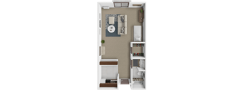 A small apartment with a bed, a couch, a table, and a shelf with various items.