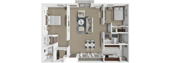 A 3D floor plan of a small apartment with a kitchen, living room, and bedrooms.