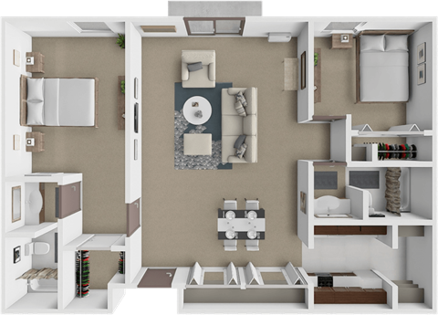 A 3D floor plan of a small apartment with a kitchen, living room, and bedrooms.