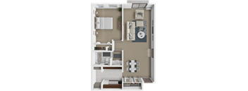 A 3D floor plan of a small apartment with a kitchen, living room, and bedroom.