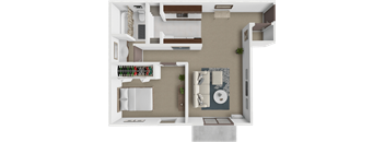 A 3D rendered image of a modern apartment layout.