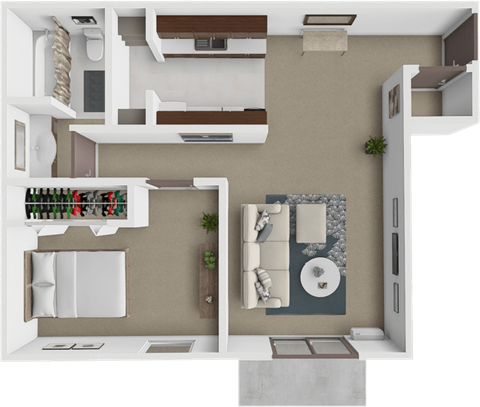 A 3D rendered image of a modern apartment layout.