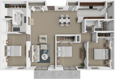 A 3D floor plan of a house showing the layout of the rooms.