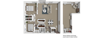 A diagram shows the layout of a small apartment with a kitchen, living room, and bedroom.