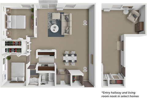 A diagram shows the layout of a small apartment with a kitchen, living room, and bedroom.