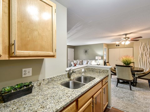 a kitchen with granite counter tops and a sink