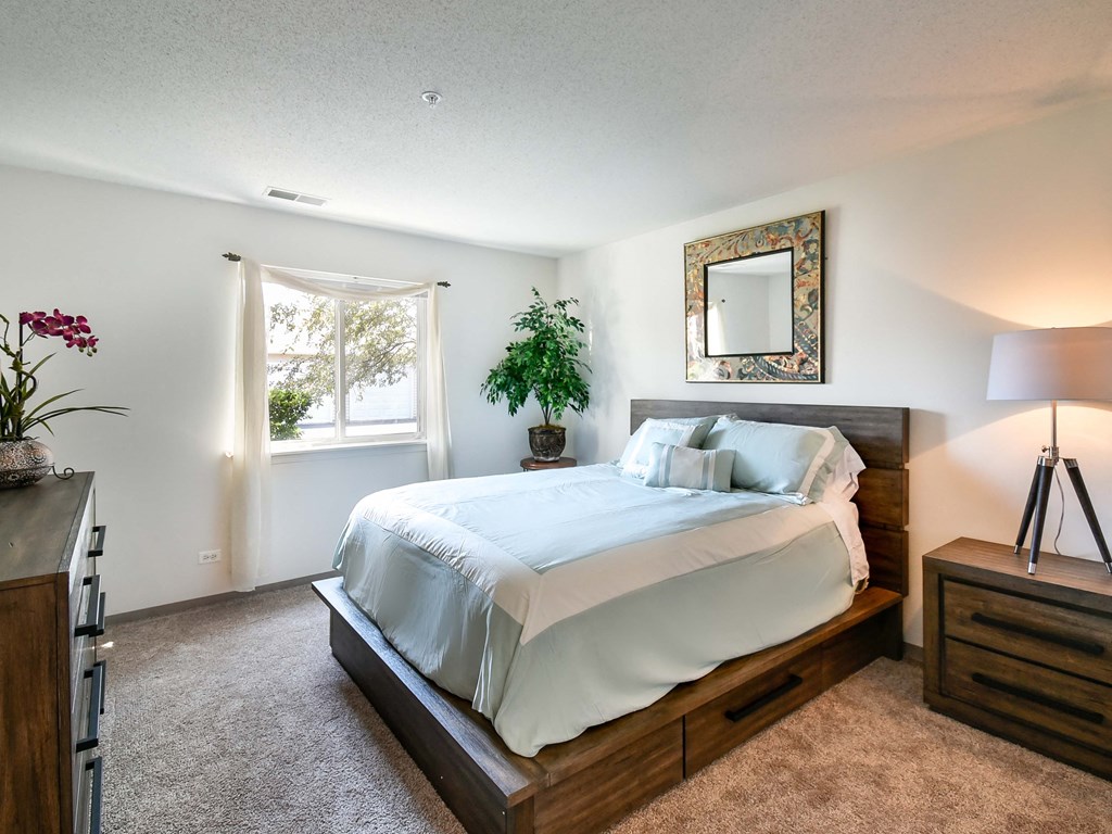 a bedroom with a bed and a window