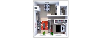 a bedroom with a bed and a desk in a room