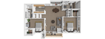 A 3D floor plan of a house showing a kitchen, living room, dining room, and bedrooms.