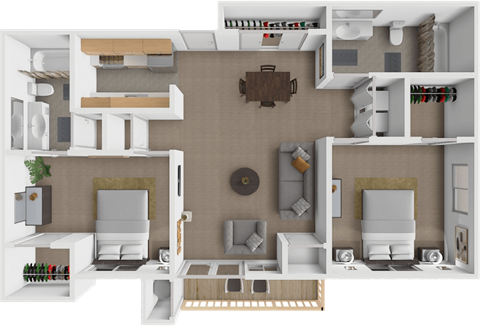 A 3D floor plan of a house showing a kitchen, living room, dining room, and bedrooms.