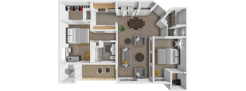 A 3D rendered image of a house layout.