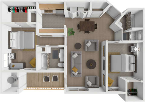 A 3D rendered image of a house layout.