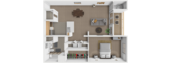 A 3D rendered image of a modern, minimalist apartment.