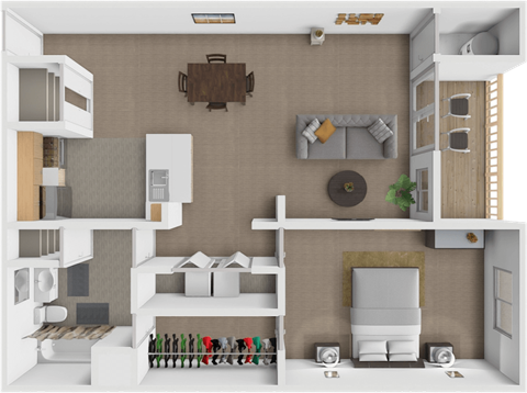 A 3D rendered image of a modern, minimalist apartment.