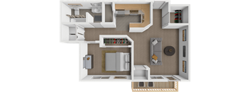A 3D floor plan of a house showing a kitchen, living room, and bedrooms.