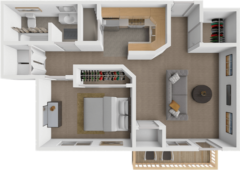 A 3D floor plan of a house showing a kitchen, living room, and bedrooms.