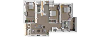 A 3D floor plan of a house with a living room, kitchen, and dining area.