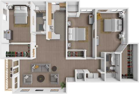 A 3D floor plan of a house with a living room, kitchen, and dining area.